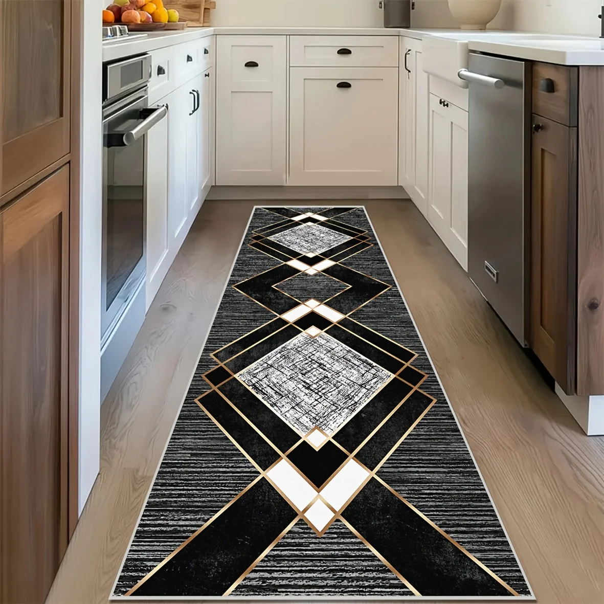 Light Blue Gradient Background Black Gold Abstract Smoke Flowing Ribbon Line Art Print Long Runner Rug Modern  Rug for Bedroom