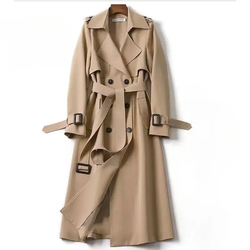 Windbreaker Women's British Style Coat Over The Knee Version Plus Size Trendy Overcoat Solid Slim Jacket Outerwear Trench Autumn