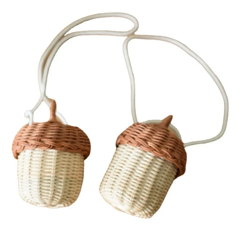 Neuer eichelförmiger Aufbewahrungskorb, handgewebt, rund, Rattan-Tasche, Eimer, tropischer Strandstil, gewebte Umhängetasche, Foto-Requisiten – Detail 5