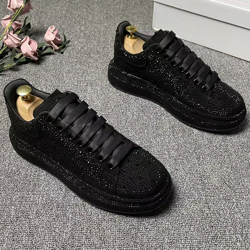 mens casual punk rock dress rivets shoes lace-up rhinestone shoe black stylish platform sneakers youth genuine leather footwear