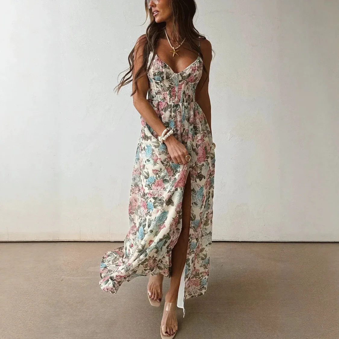 

Retro Printed Suspender Long Dress Summer Fashion Slim V-Neck Floral Print Hollow Party Dress Women Waist High Vacation Dress