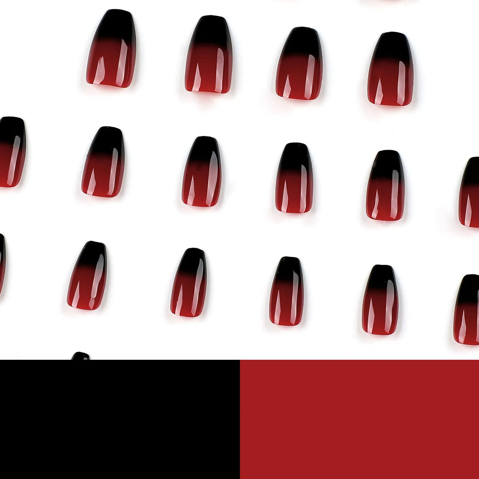 Red & Black Gradient Fake Nails Thin Full Cover Medium Ballerina Nail Ornament for Professional Nail Salon