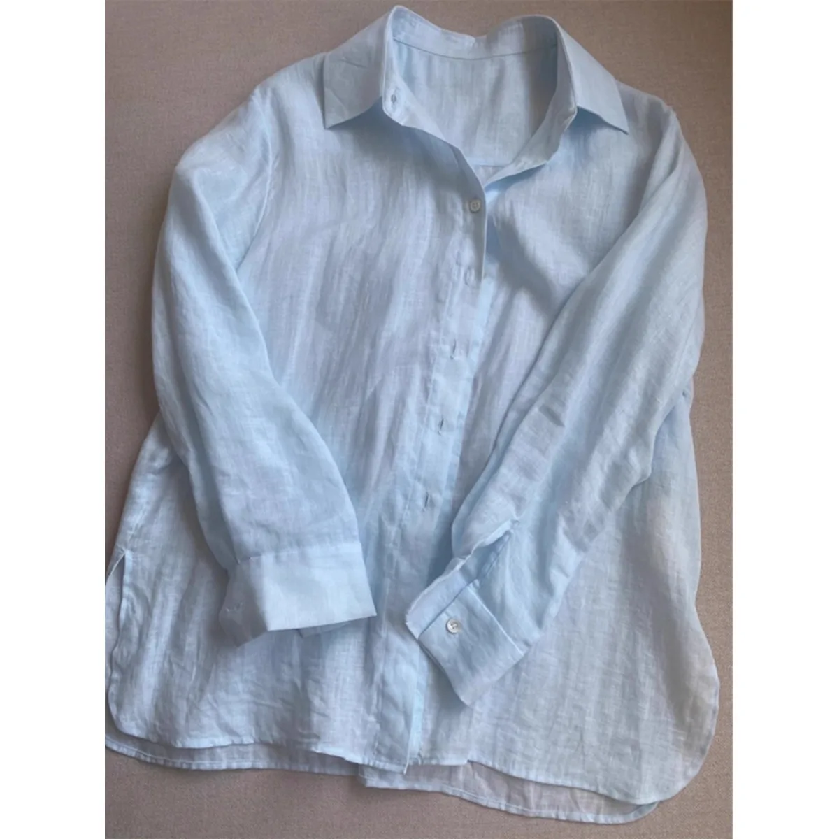 

Женская рубашка свободного кроя из хлопка и льна с длинным рукавом, светло-голубая, весна-лето 2025, новый стиль, дышащий повседневный топ, европейская мода