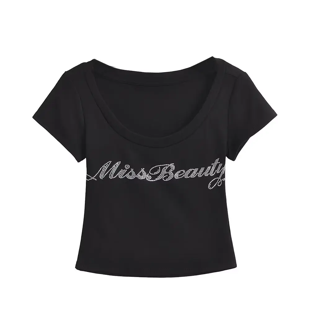 미국 스트리트 스타일 달콤하고 매운 여성용 반팔 티셔츠 슬림핏 여름 개성 레터링 라인스톤 큰 칼라 숏 크롭탑