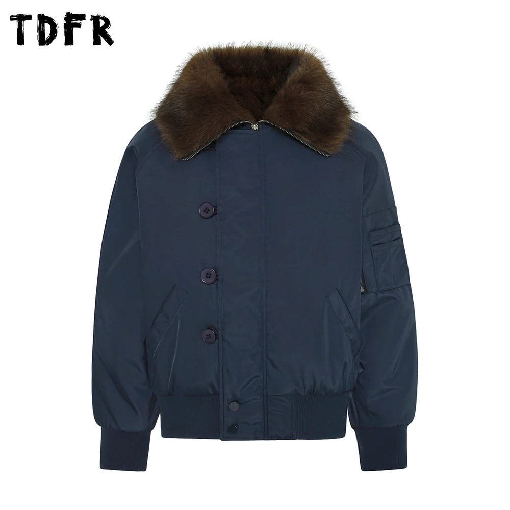 

Button Decoration Ma-1 Bomber Jacket Mens Pocket Winter Thick Retro Cargo Lapel Long Sleeve Padded Jacket Man