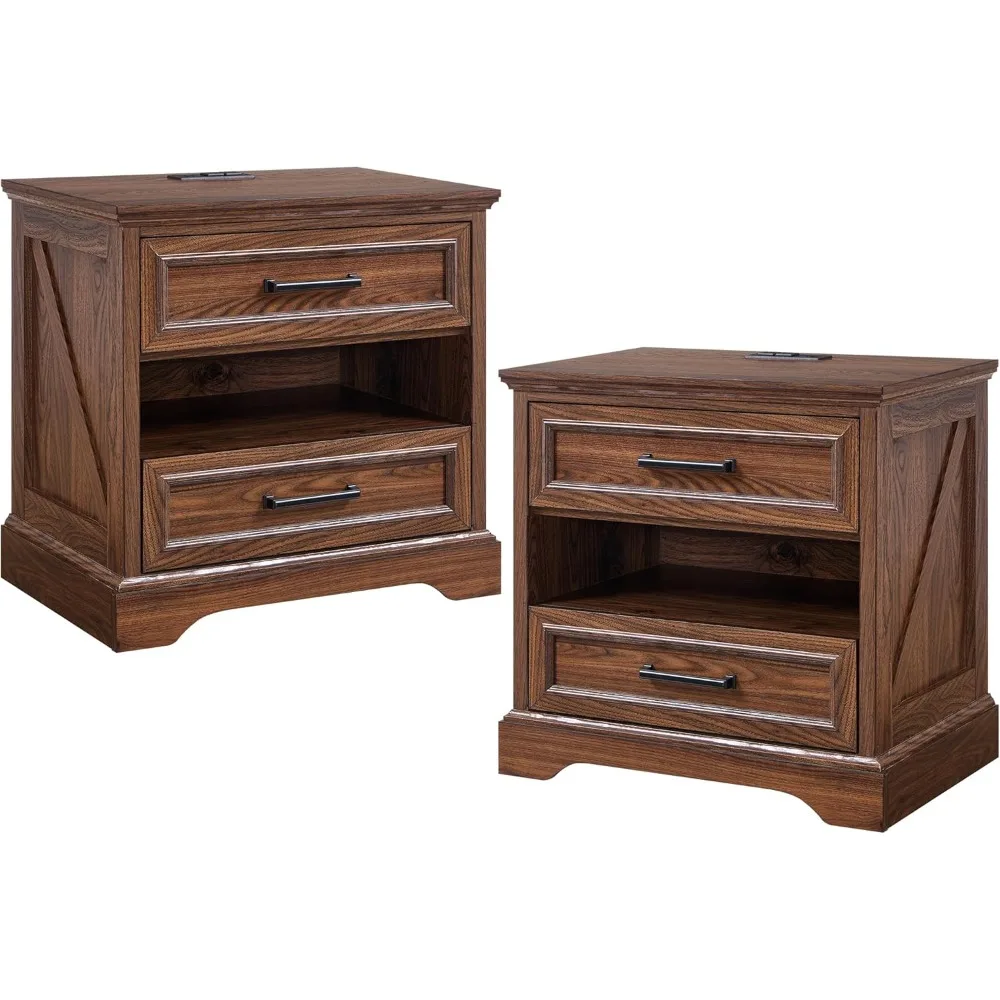 

Farmhouse Nightstand Set of 2 with Charging Station, 2 Drawers Large Bedside Table with Open Storage Shelf, Rustic