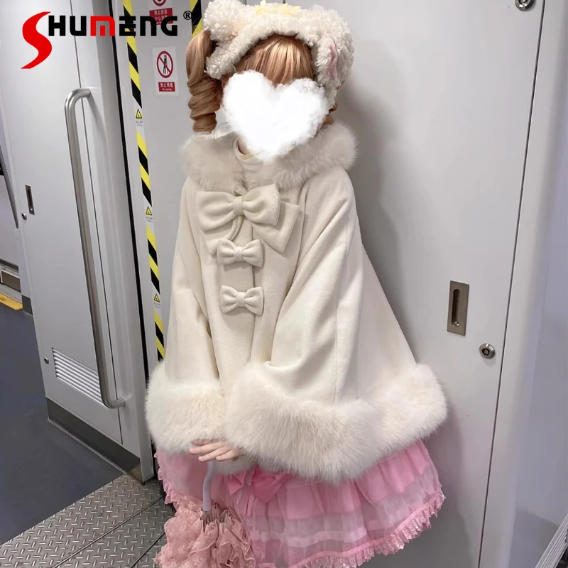 

Japanese Style Sweet Lolita White Hooded Cloak Autumn New 2025 Women's Cute Bow Plush Thickened Short Jacket Y2k Ponchos Capes