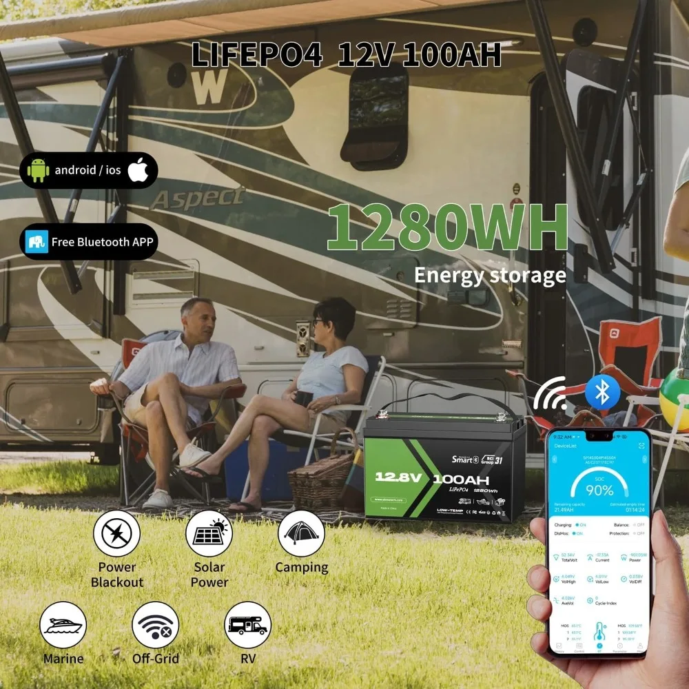 12V 100Ah LiFePO4 Battery, Lithium Battery 100A BMS, 10 Years Lifetime 15000+ Deep Cycles,for Marine, RV, Trolling Motor