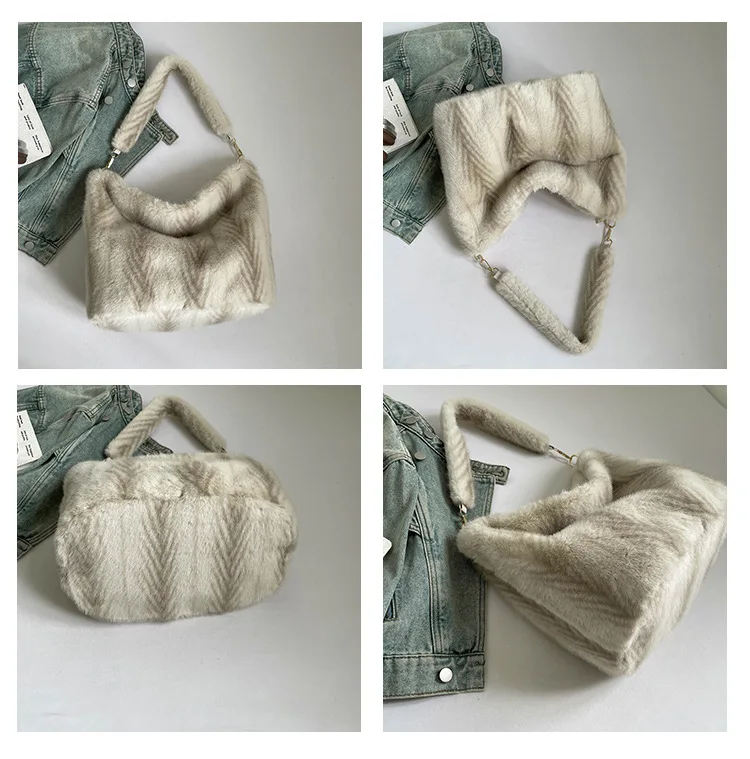 Luxus Faux Pelz frauen Eimer Schulter Taschen Mode Weiche Plüsch Weibliche Streifen Handtaschen Große Kapazität Damen Pelzigen Einkaufstasche – Detail 8