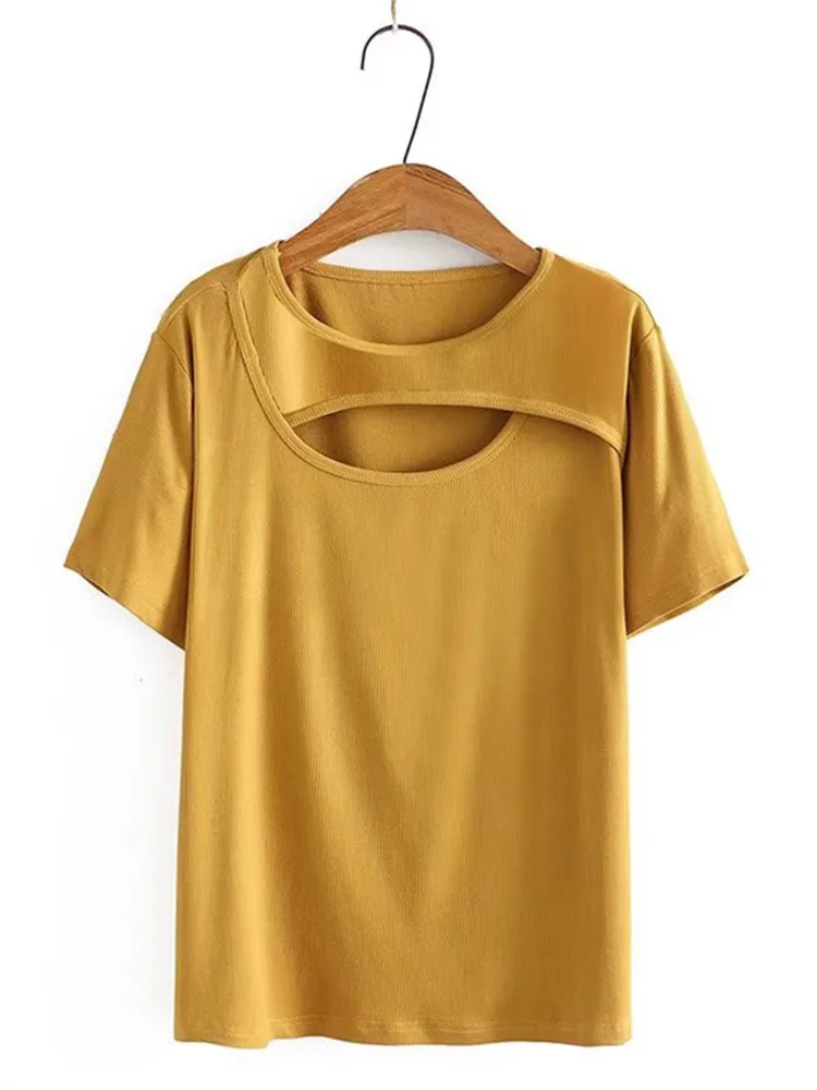 Plus Size Women Clothing Short Sleeve T-Shirt Crew Neck Asymmetrical Cutout Chest Knitted Cotton Summer Tops Large Size T-Shirt