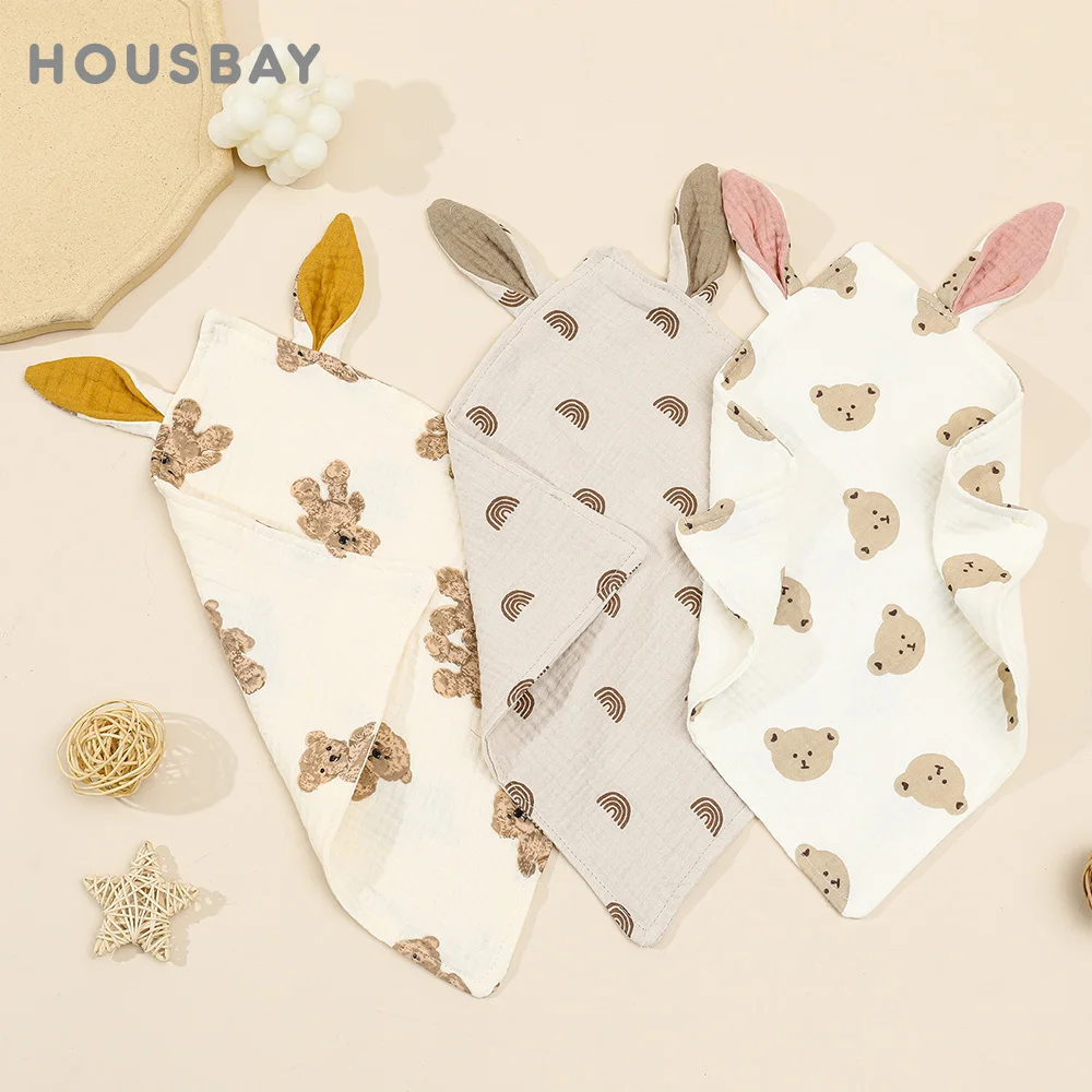 2Pcs/Set Baby Towel With Cute Rabbit Ear Soft Gauze Cotton Saliva Towel Baby Handkerchief 30*30Cm Boys Girls Comfort Blanket