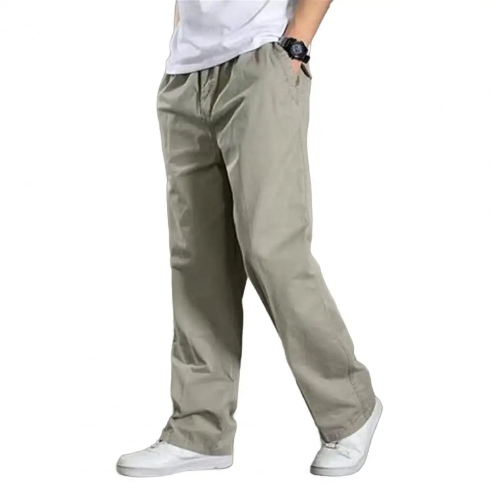 Cotton Trousers Durable Men's Cargo Pants for Outdoor Activities Wide Leg Work Trousers with Pockets Solid Color for Hiking