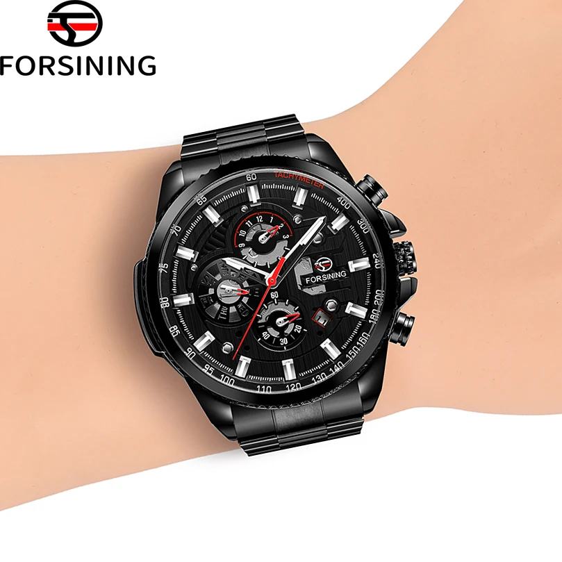 Forsining Original Stainless Steel Men Mechanical Automatic Wrist Watches Luxury Military Sport Male Clock with date and day