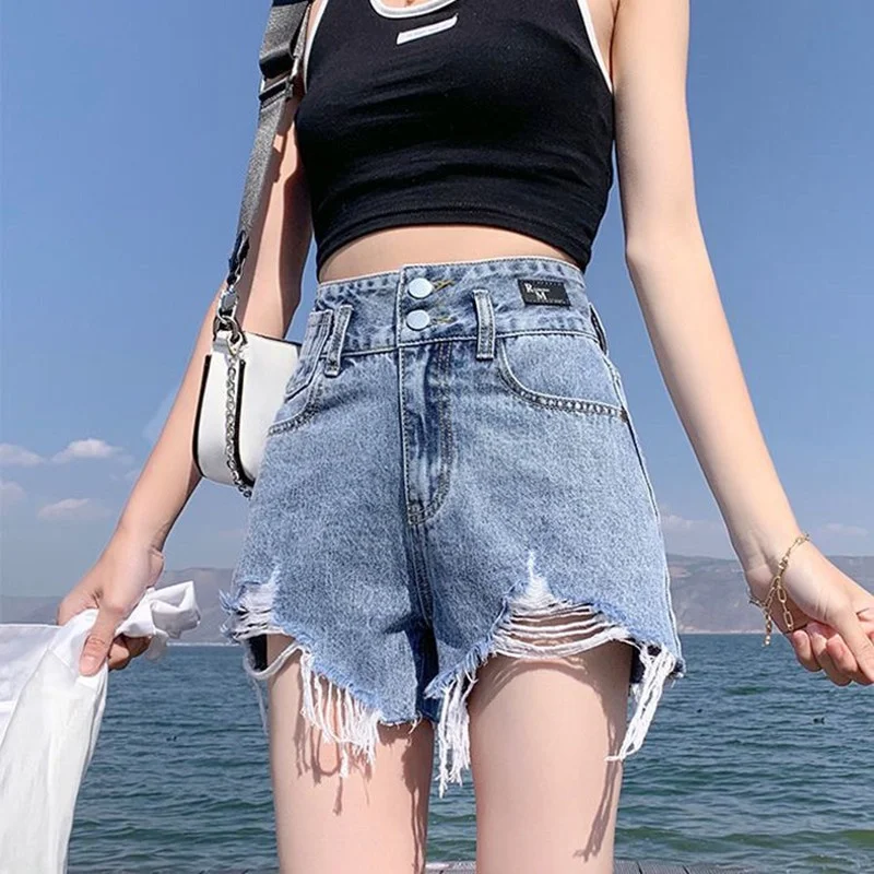 

High Waist Denim Shorts Women's Summer New Style A-Line Hot Pants Torn Fringe Slimming Sweet And Spicy Shorts