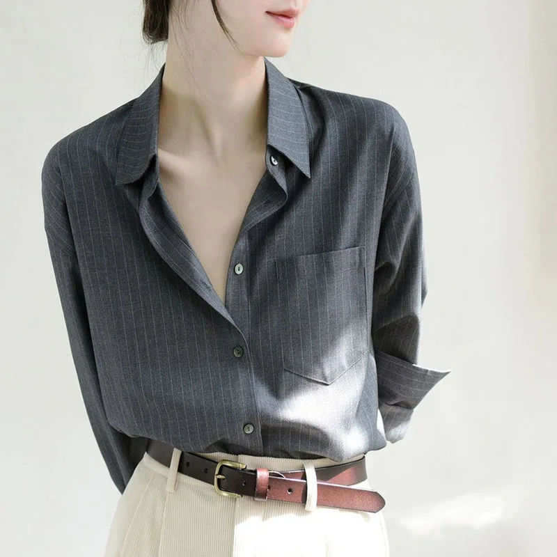 

Vintage Striped One Pocket Women's Blouses Long Sleeve Single Breasted Casual Office Loose Shirts Female 2025 New Spring Autumn