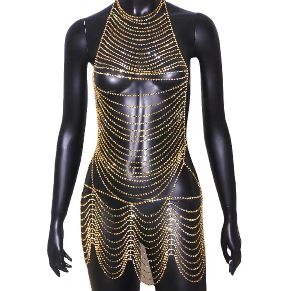 Robe de plage exagérée multicouche en pierre de kirchen pour femmes européennes et américaines, chaîne de poitrine de bikini, diamant étincelant, boîte de nuit sexy