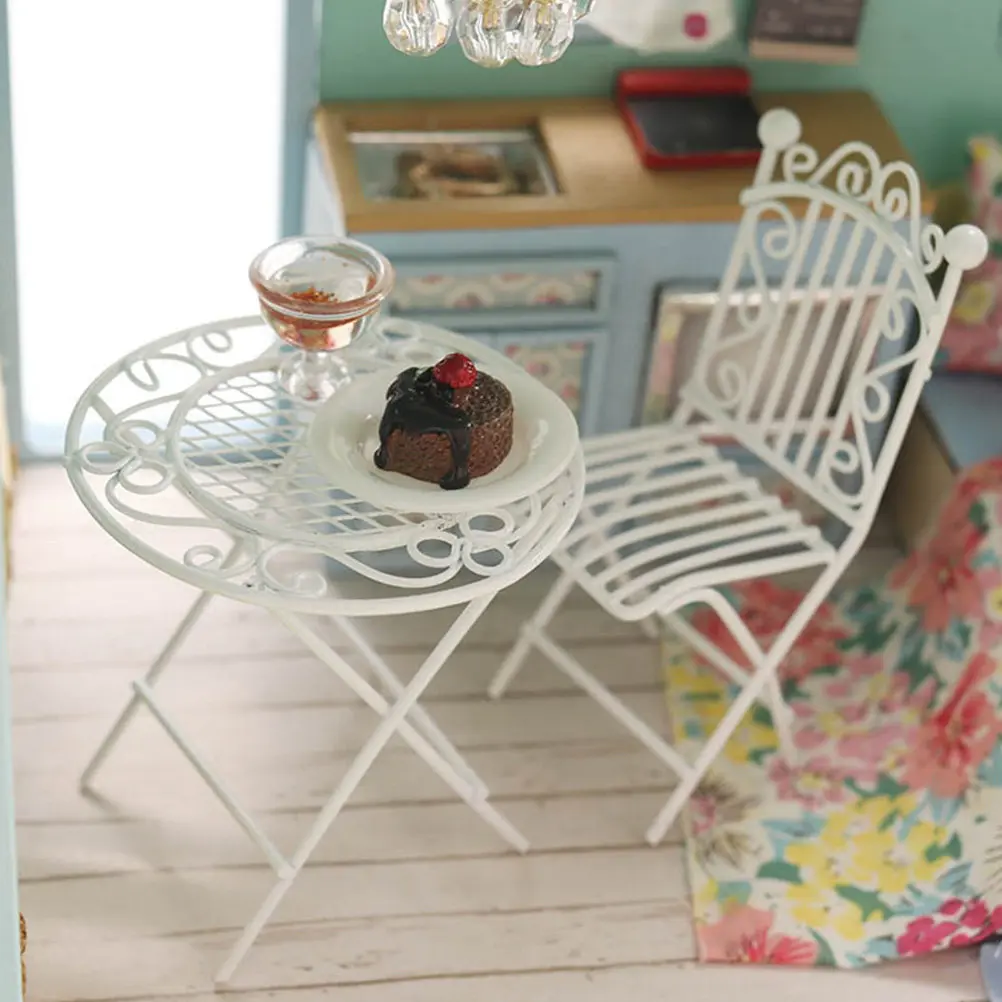 1Set Mini Table Chair Set Iron Construction Not Easy to Deform Ideal for Mini House Decor Kids Room Decoration Tabletop Ornament