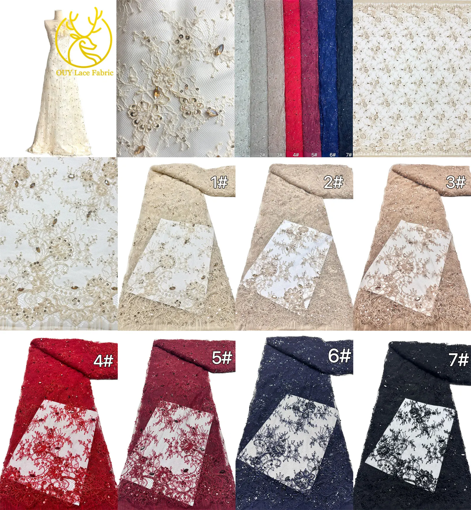 Nigerianischer Hochzeits-Tüll-Spitzenstoff 3 Meter Afrikanische Perlen-Pailletten-Spitze Französische Netz-Stickerei Hochzeitskleid-Nähstoff – Detail 3