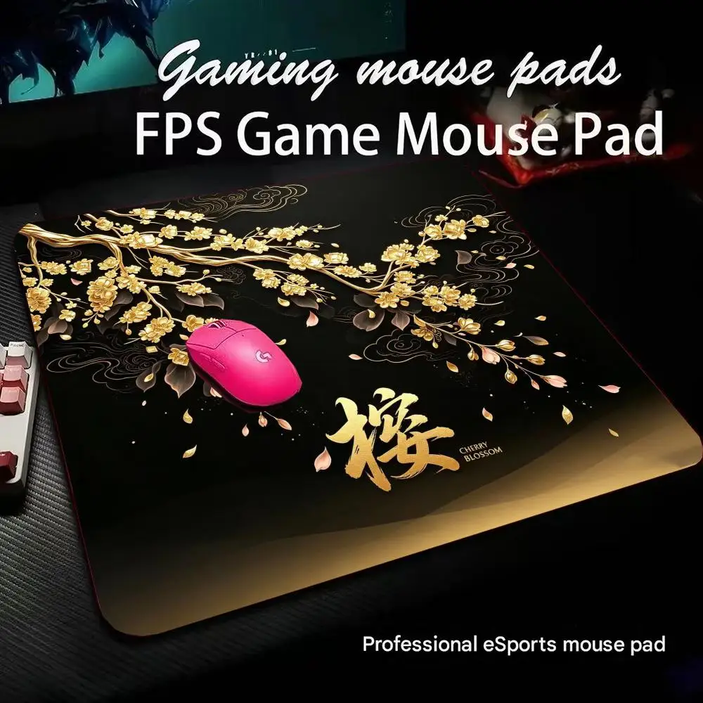 Pink Cherry Blossom Sakura Gaming MousePad Vintage Japanese Ink Floral Medium Mousepad Anti-Slip Rubber Smooth E-Sports Desk Pad