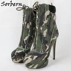 Sorbern Camouflage Ankle Boots For Women High Heels Stilettos Lockable Zipper Invisible Platform Lace Up Goth Shoes Custom Color