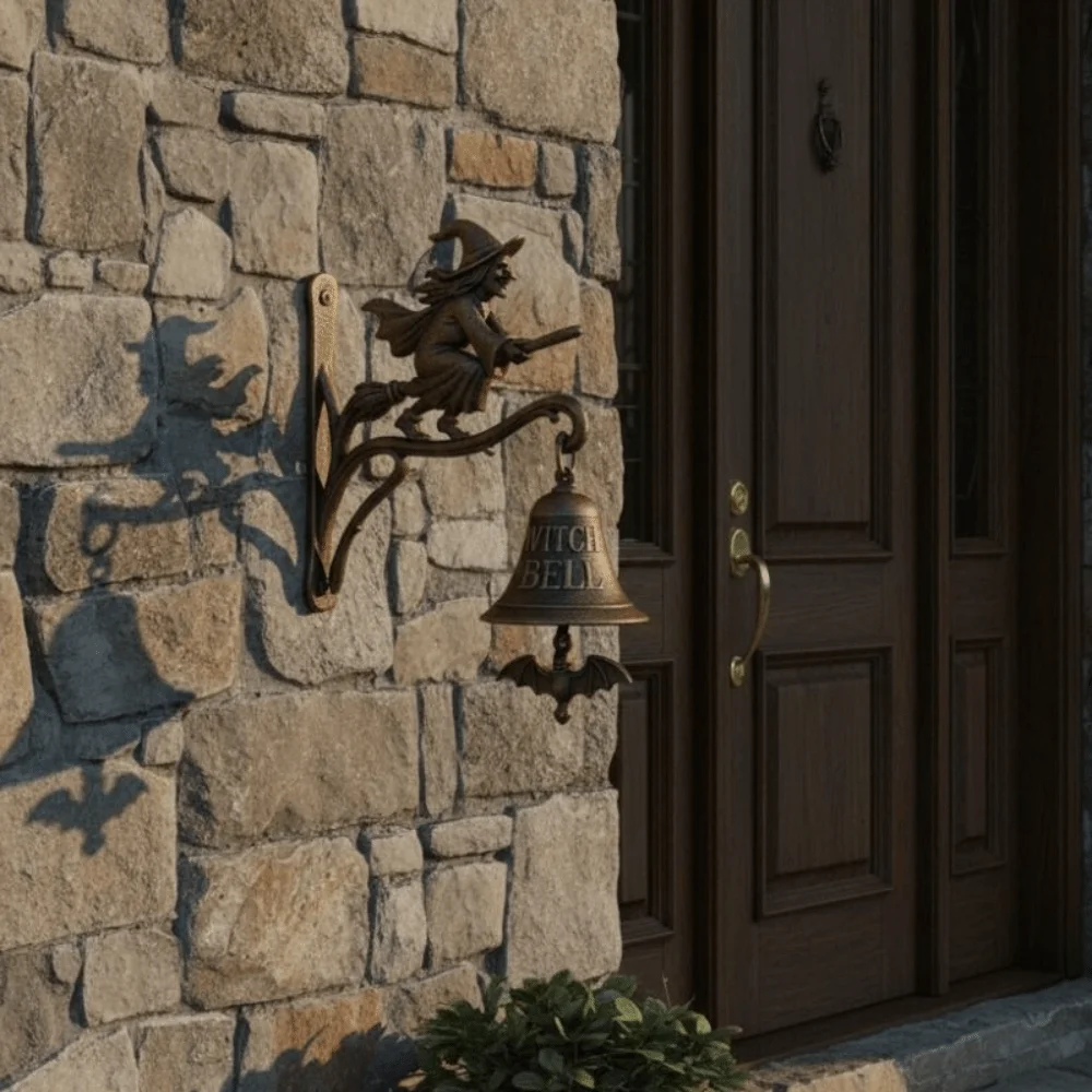 Vintage Halloween Witch Doorbell Alloy Sounding Witch Hanging Ornament Copper-colored Wall-mounted Halloween Door Hanger Garden
