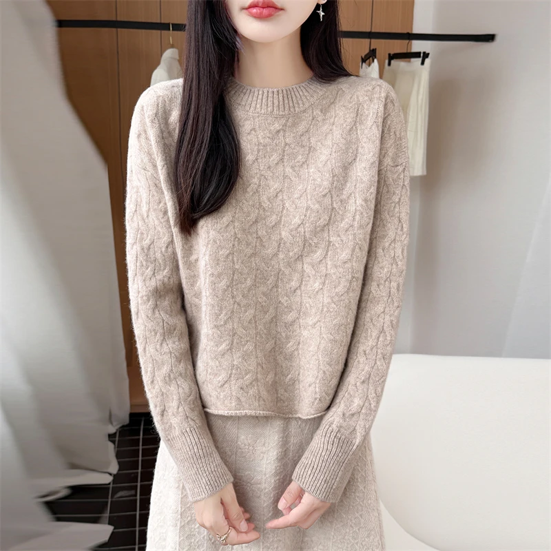Autumn 100% Merino Wool Sweater Woman O-Neck Long‑Sleeve Knit Top Vintage 3D Cable Jacquard Mature Intellectual Style Pullover