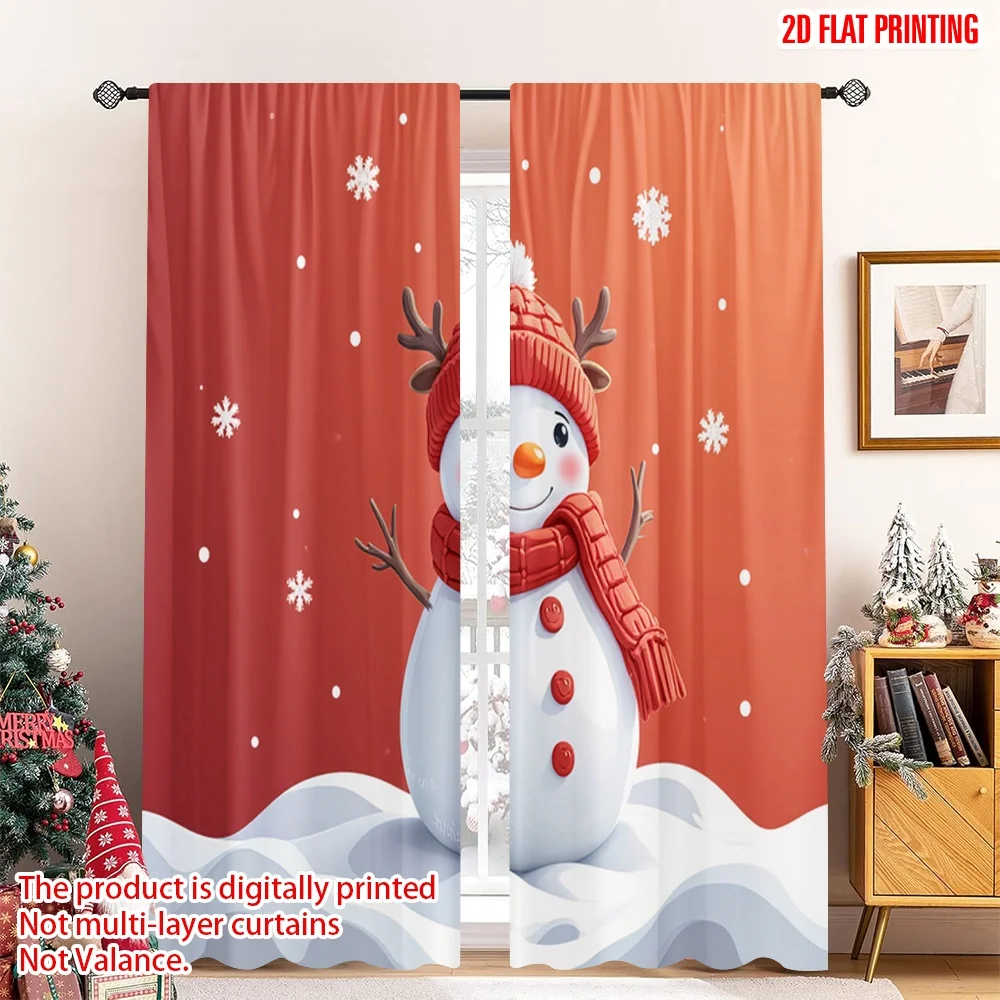 

2pcs 2D flat printing Merry Christmas Scene Curtains Snowman Winter Holiday Fun 100% Polyester Without Electricity Festive