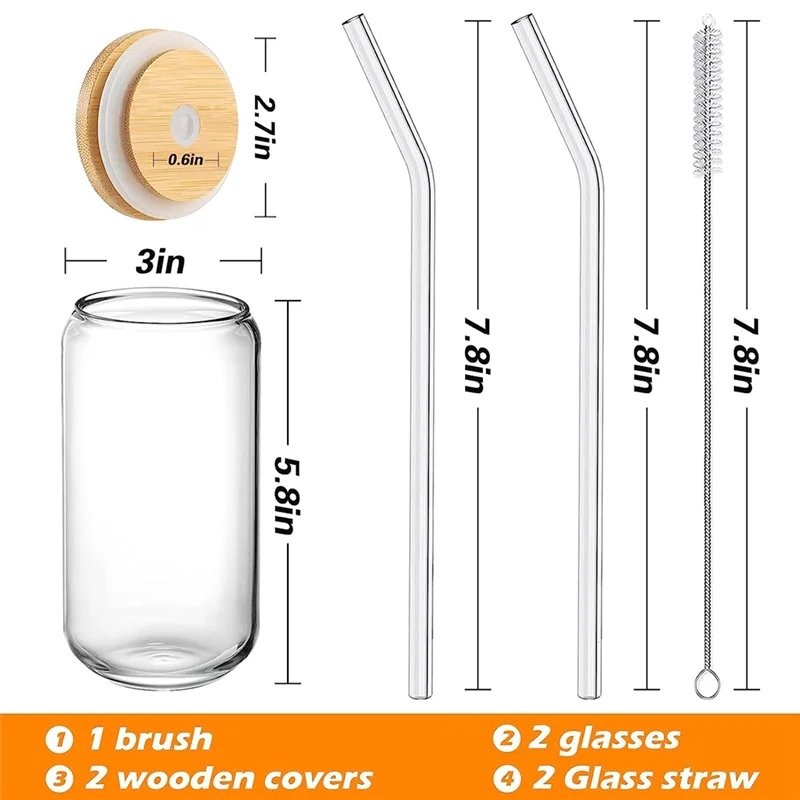 AB51 Trinkgläser mit Bambusdeckeln und 2-teiligem Set, 16-Unzen-Glasbecher in Dosenform mit Deckel und Strohhalmen, Biergläser