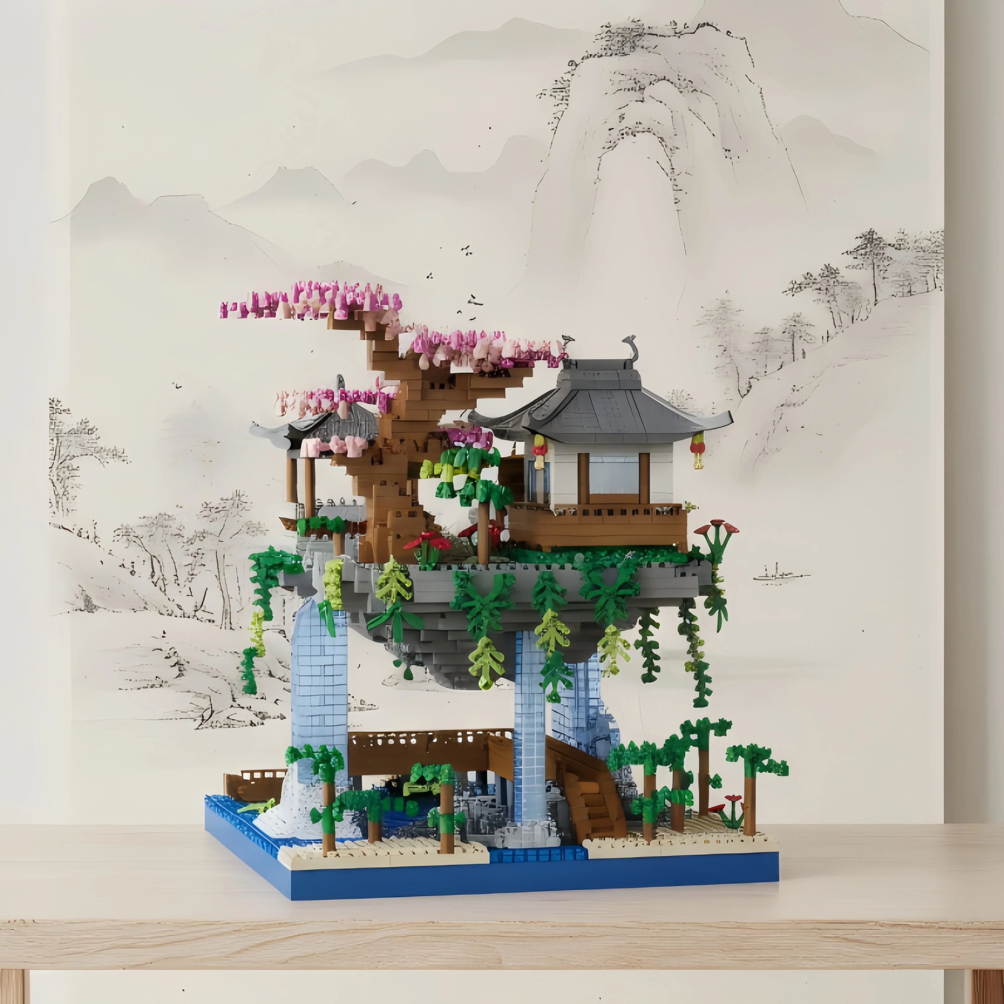 

Floating Mountain Pavilion Micro Building Blocks, Chinese Ancient Cliff House Model, Desktop Decor Ornament Gift