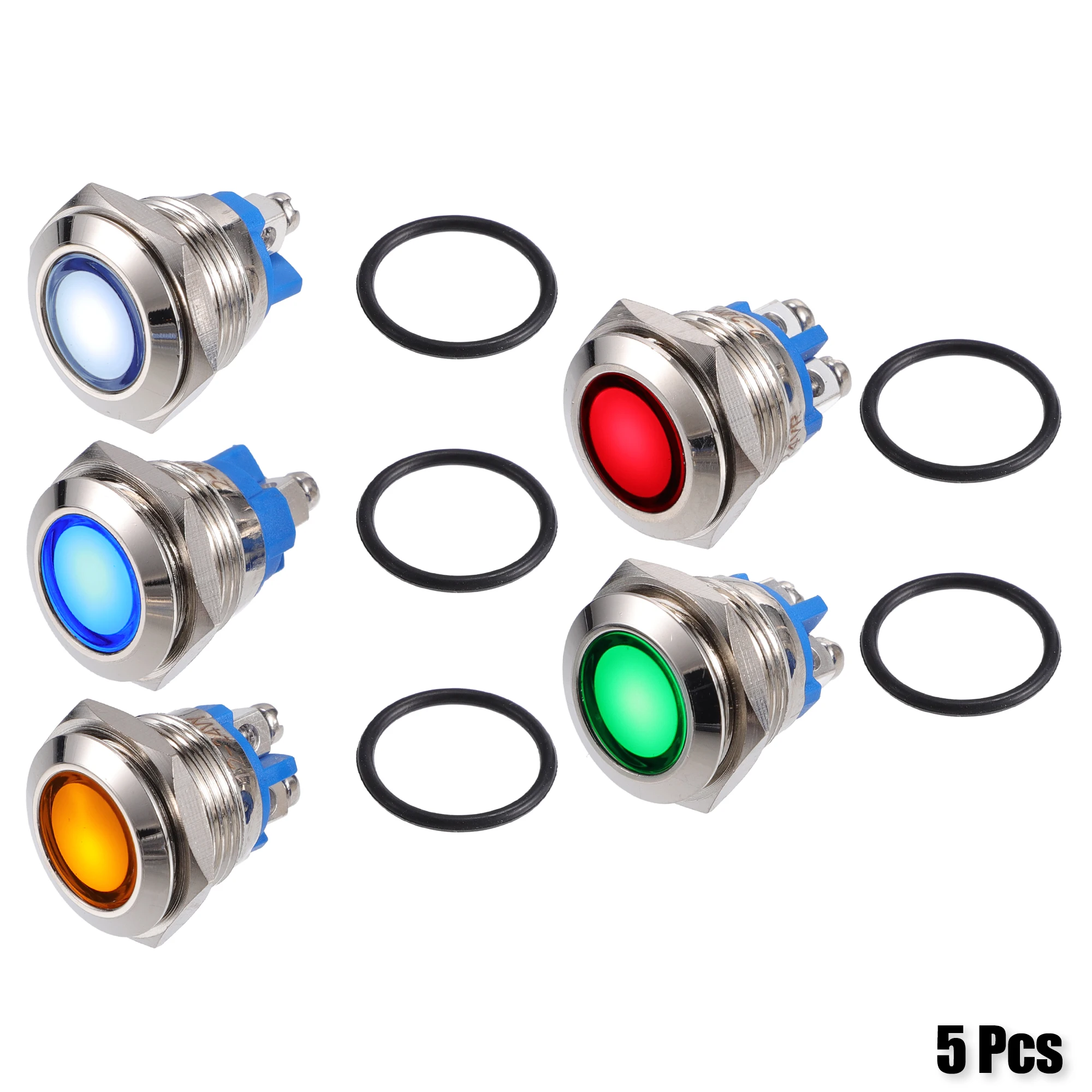 UXCELL 5 Pcs LED Indicator Light 16mm 12V AC DC Metal Shell Waterproof Pilot Dash Signal Lamp for Car Truck Boat Multicolored
