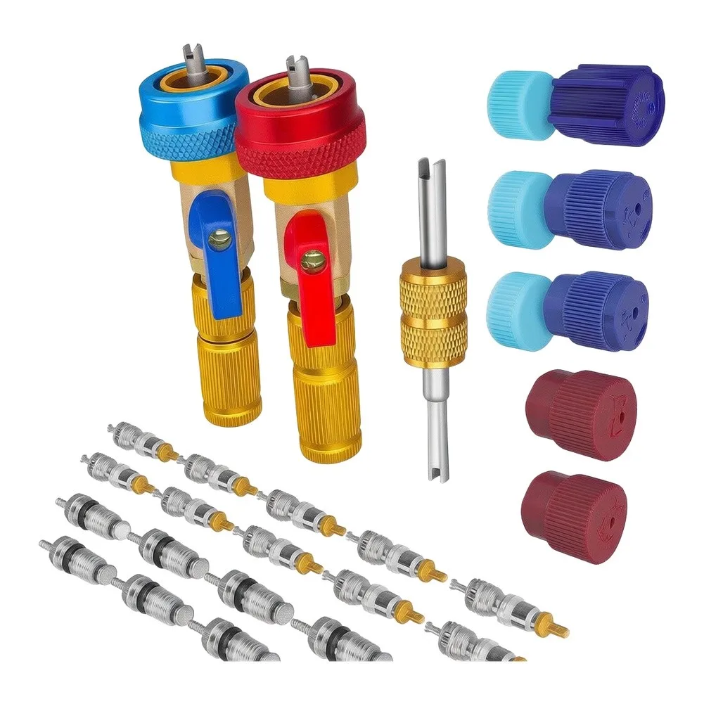Brass AC Valve Core Tool Compatible with R134a Includes Red High Pressure Blue Low Pressure Valves Wrench and Protective
