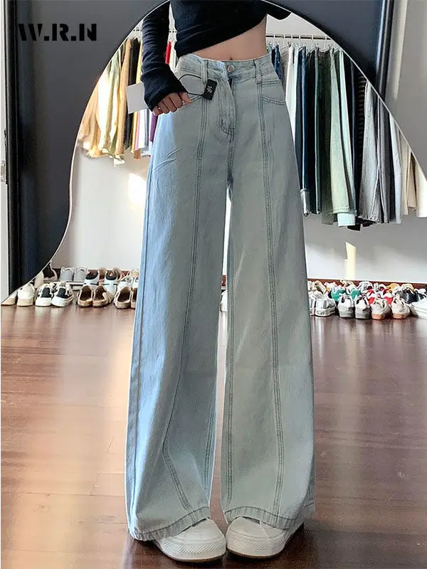 

Женские повседневные джинсовые брюки 2000-х годов, винтажные потертые прямые брюки, гранж-стрит, ретро, Y2K, мешковатые светло-голубые джинсы с высокой талией