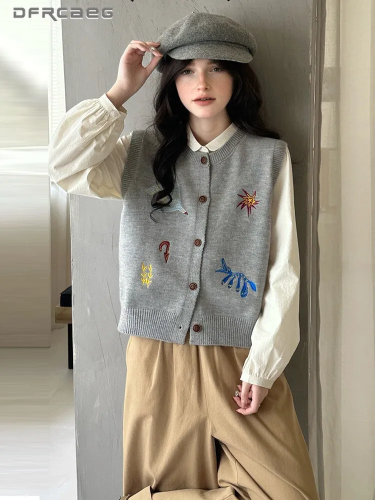 

Korean Style Retro Cartoon Embroidered Sleeveless Sweater Vest For Women Autumn Winter Casual Round Neck Cardigan Vest Clothes
