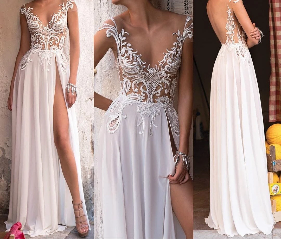 

Clearance Sales White Evening Dress for Women Sexy Backless Lace Embroidery High-split Long Formal Prom Dress Vestido De Fiesta