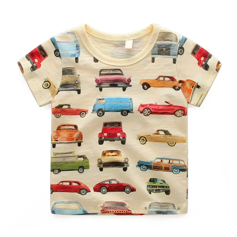 Crianças carro impressão verão t-shirt, roupas infantis, camisa de assentamento, roupas para meninos