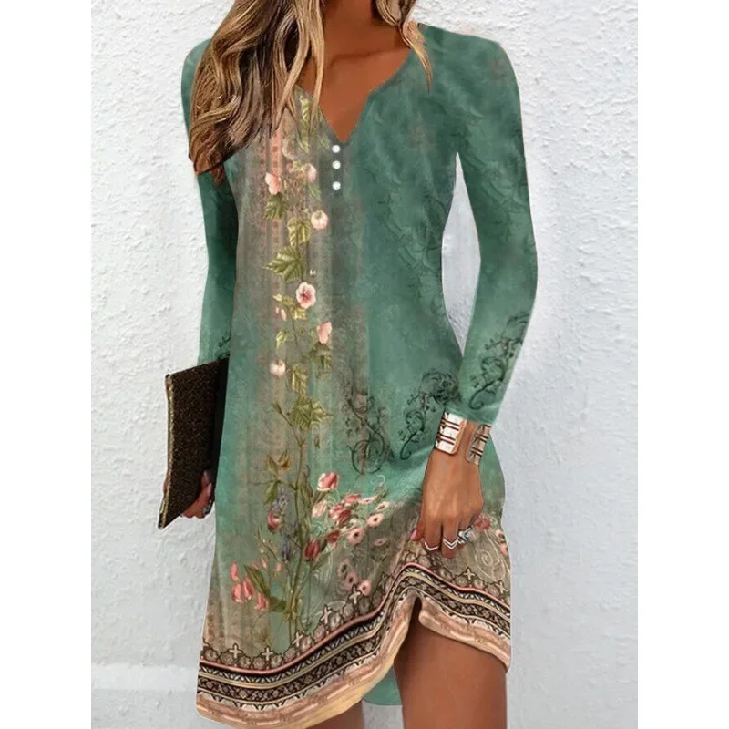 

Bohemian Vintage Dress Women Contrasting Colors Multi-element Retro Generous Long Sleeve Dyeing Buttons V Neck Chic Short Robes