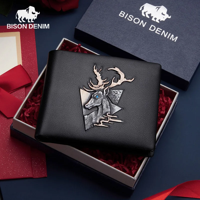 بيسون الدنيم الرجال محفظة صغيرة موضة حامل بطاقة جديدة متعددة الوظائف الشباب جلد طبيعي الأعمال محفظة 2025 محفظة جديدة هدية