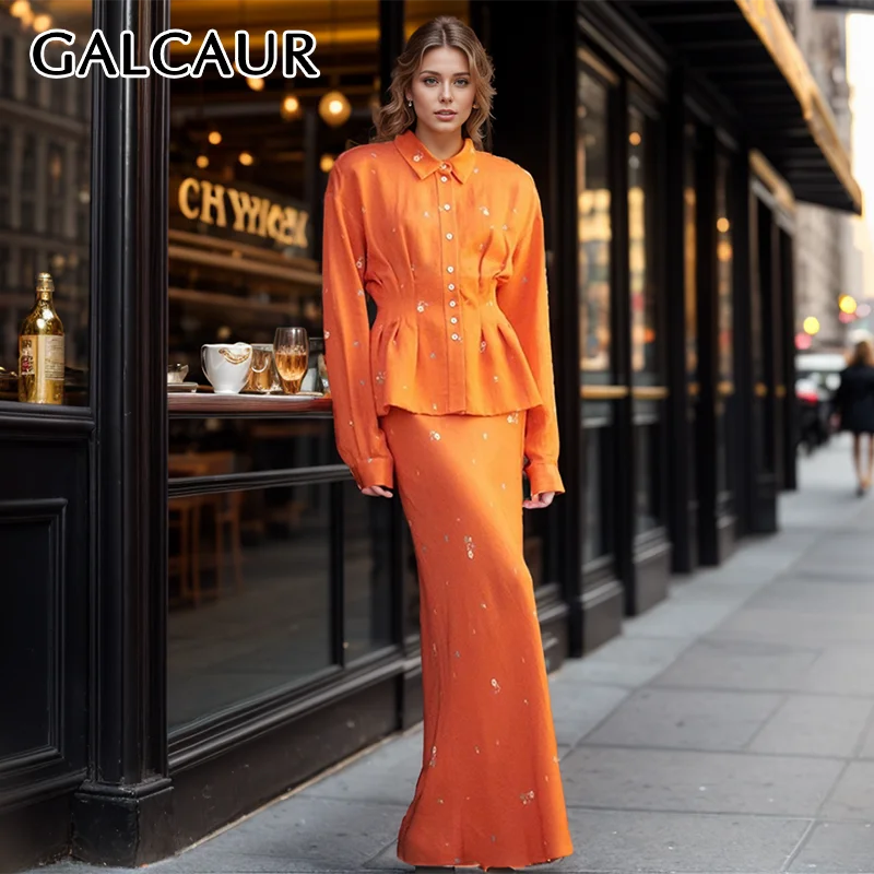 

GALCAUR Printing Two Piece Set For Women Lapel Long Sleeve Patchwork Hem Tops Ruffles High Waist Bodycon Maxi Skirt Suit Female