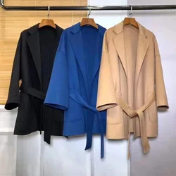 RosEvans Winter 100% Wool Coat Women Mid-length Wool Coat Jackets Water Ripples New Autumn Camel Coat Commuting