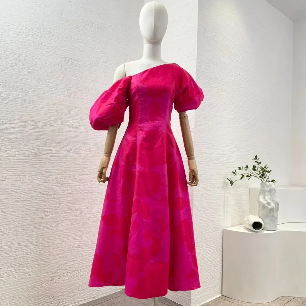 Fashion Lady High Quality 2024 Summer Collection Rose Red One Shoulder Diagonal Collar Half Puff Sleeve Midi Dress for Women