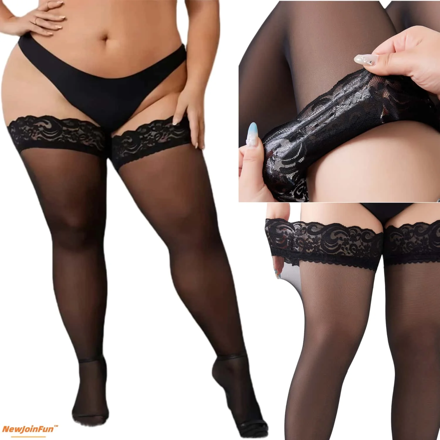 

FREEAUCE Black Lace Top Stay Up Anti-slip Stocking for Women Plus Size Stockings Christmas Thigh High Fishnet Long Socks 5XXXXL
