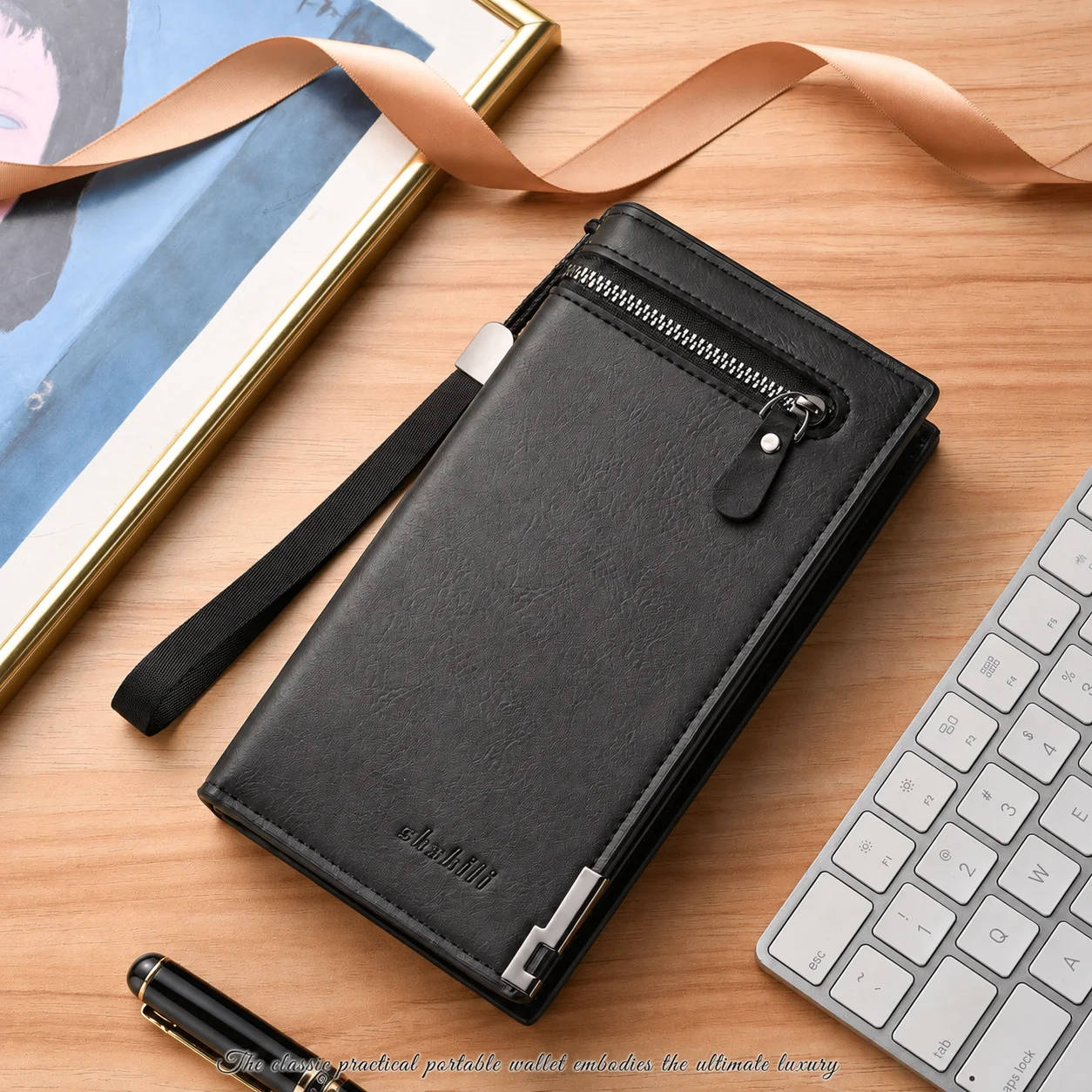 Men'S Long Bifold Wallet Large Capacity Zipper Wallet Pu Leather Wallet Premium For Business Work Handheld Carry Cash Storage