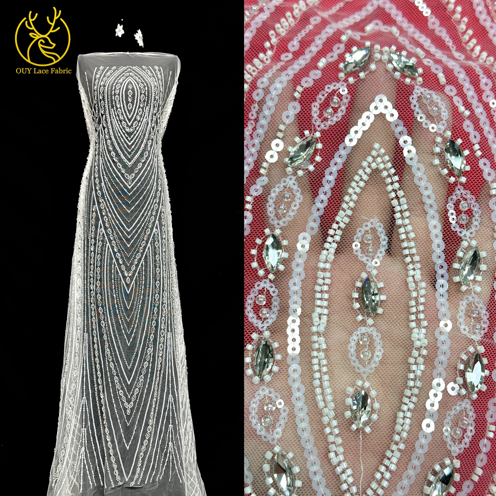 

White Bridal Wedding Dress Mesh Lace Fabric 2026 French Beaded Diamond Lace Fabric High Quality African Sequins Lace Fabric
