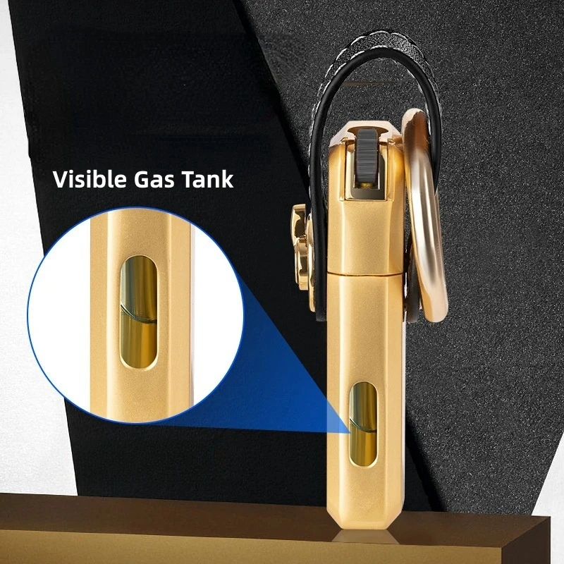 Metal Keychain Butane Torch Lighter, Classic Grinding Wheel Ignition, Direct Injection Windproof Blue Flame, Portable Lighter