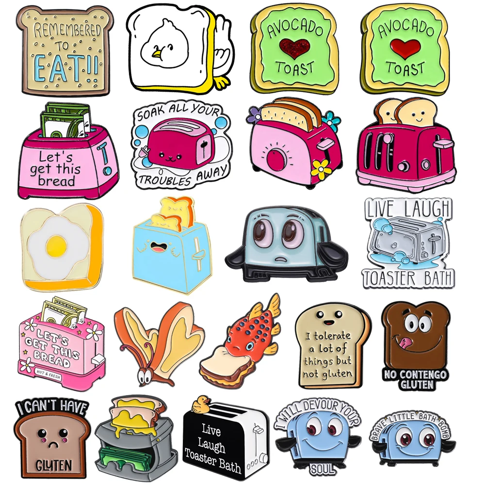 

Cartoon Toast Enamel Brooch Lapel Pin Dollar Bread Machine Avocado Goldfish Pigeon Frog Creative Bread Metal Badge Jewelry Gift