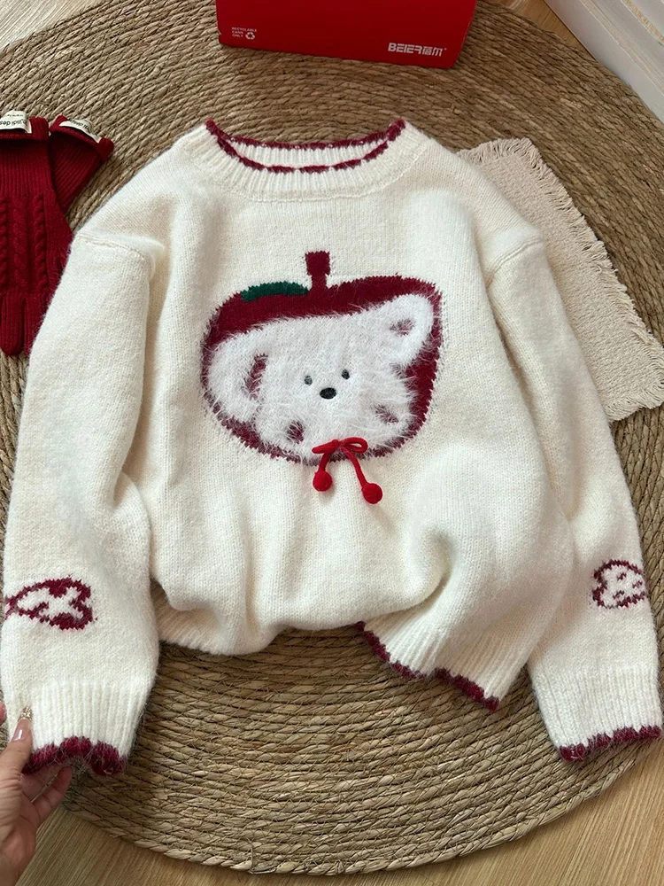 Maglione stile preppy simpatico cartone animato da donna vintage a maniche lunghe dolce maglione lavorato a maglia casual vento pigro coreano signora autunno inverno top