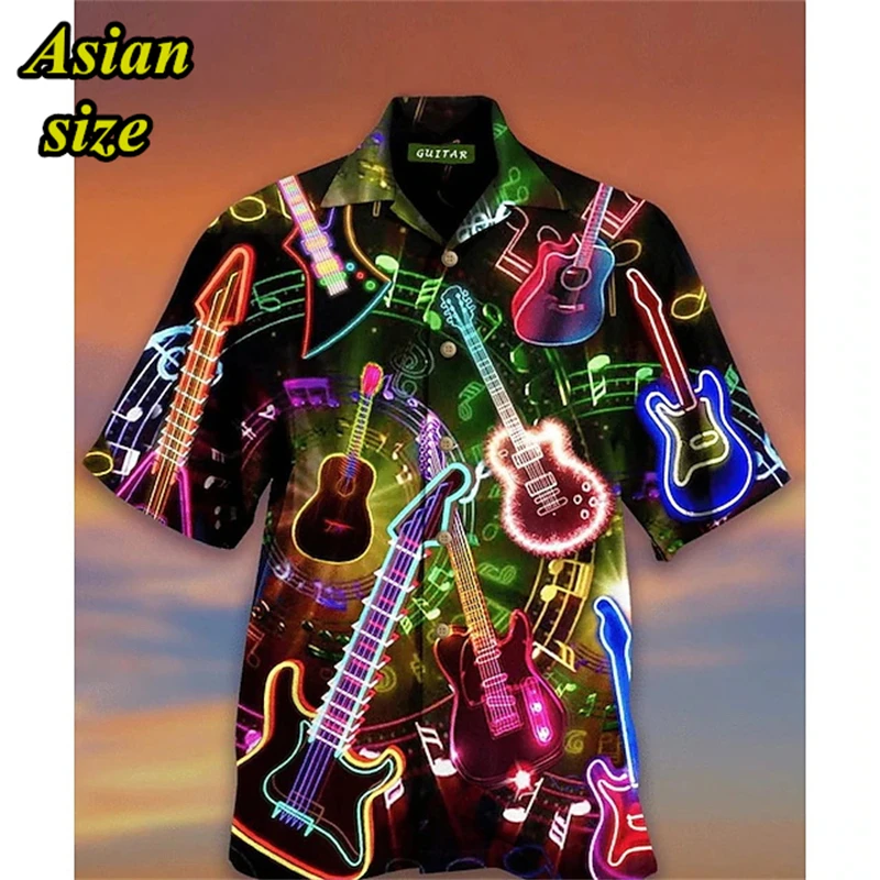 New Men Hawaiian Shirts 3D Music Guitar Printed Tops Men Clothing Fashion Casual Button Lapel Collar Rock And Roll Blouses Top