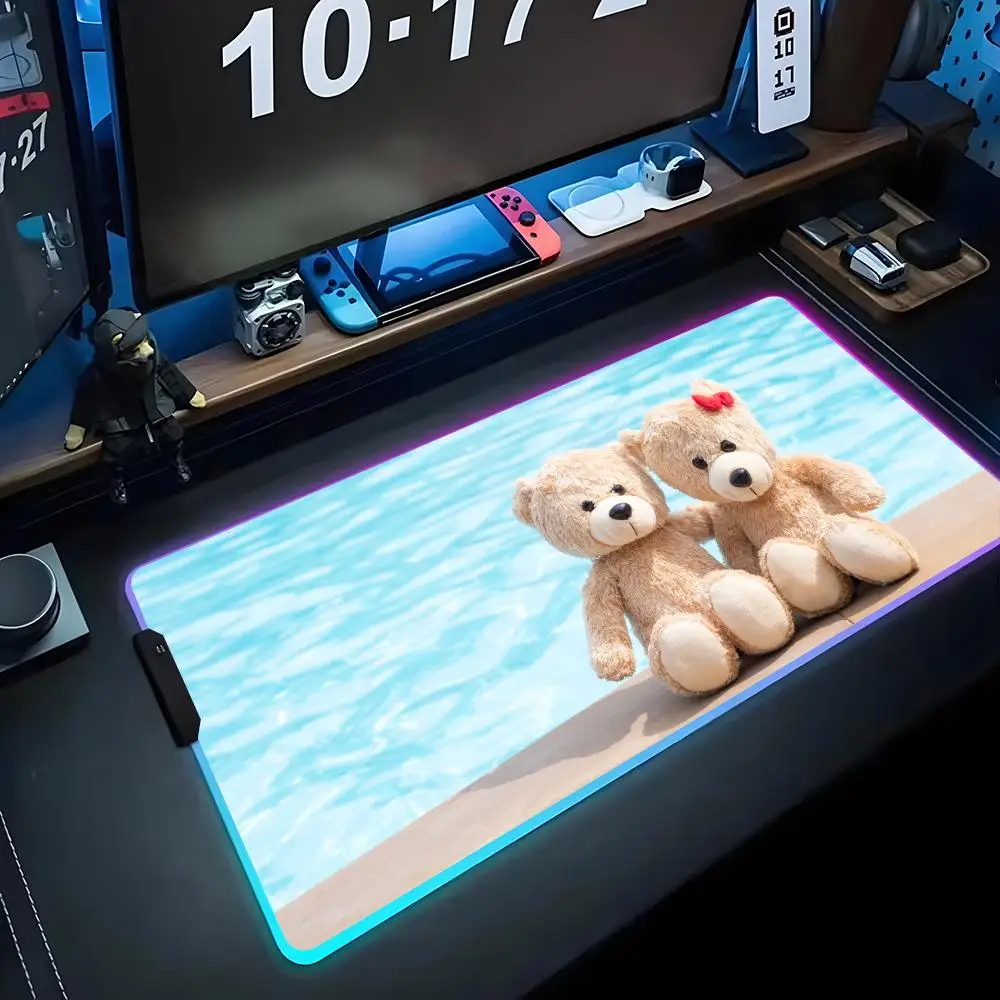 

cute teddy bear Mouse Pad RGB Gaming Mousepad Big LED Pad PC Desk Mat Luminous Mouse Pad Large Keyboard Mats Table Rug With