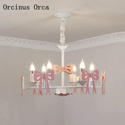 Nordic modern simple pink bow chandelier Girl Bedroom Princess Room children's room lamp creative color LED Candle Chandelier