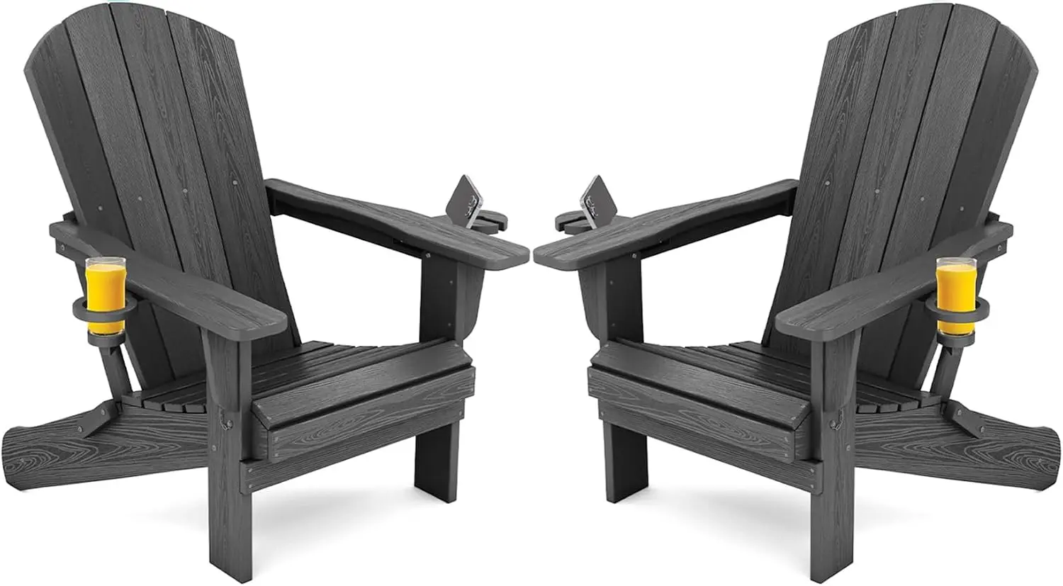 Outdoor Folding Chairs Set Of Two, Heavy Duty Lawn Seating With Cup Holders, Fire Pit Patio Lounger Furniture For Garden Balcony Deck, Modern Rustic Style, Grey, 2 Pieces